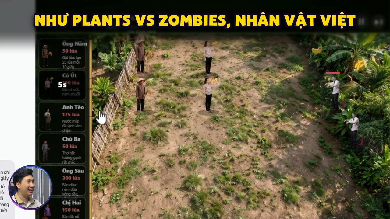 Màn chơi game 1: thanh chọn nhân vật bên trái với giá bằng lúa, các nhân vật đứng trên sân đất, xác sống tiến vào từ bên phải