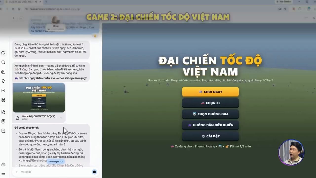 Màn hình chính của game Đại Chiến Tốc Độ Việt Nam với các nút Chơi ngay, Chọn xe, Chọn đường đua, Hướng dẫn điều khiển, Cài đặt