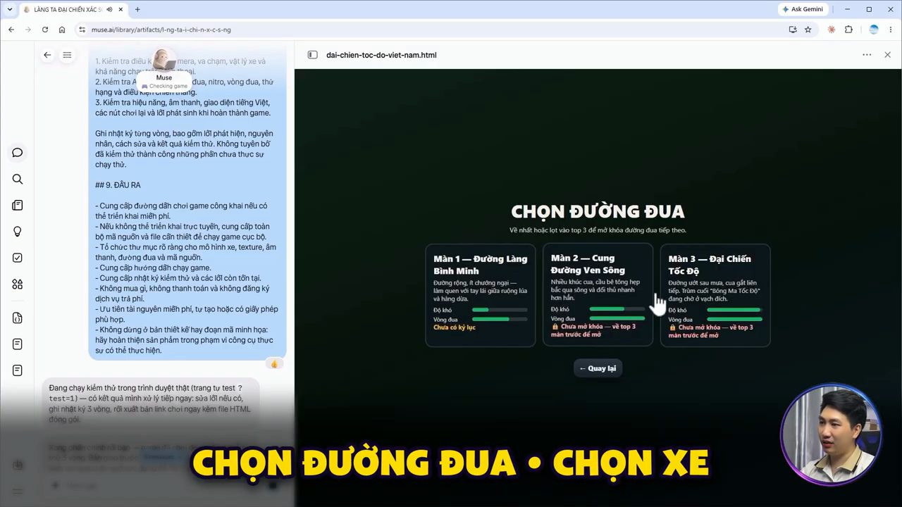 Màn hình Chọn đường đua với ba màn: Đường Làng Bình Minh, Cung Đường Ven Sông, Đại Chiến Tốc Độ