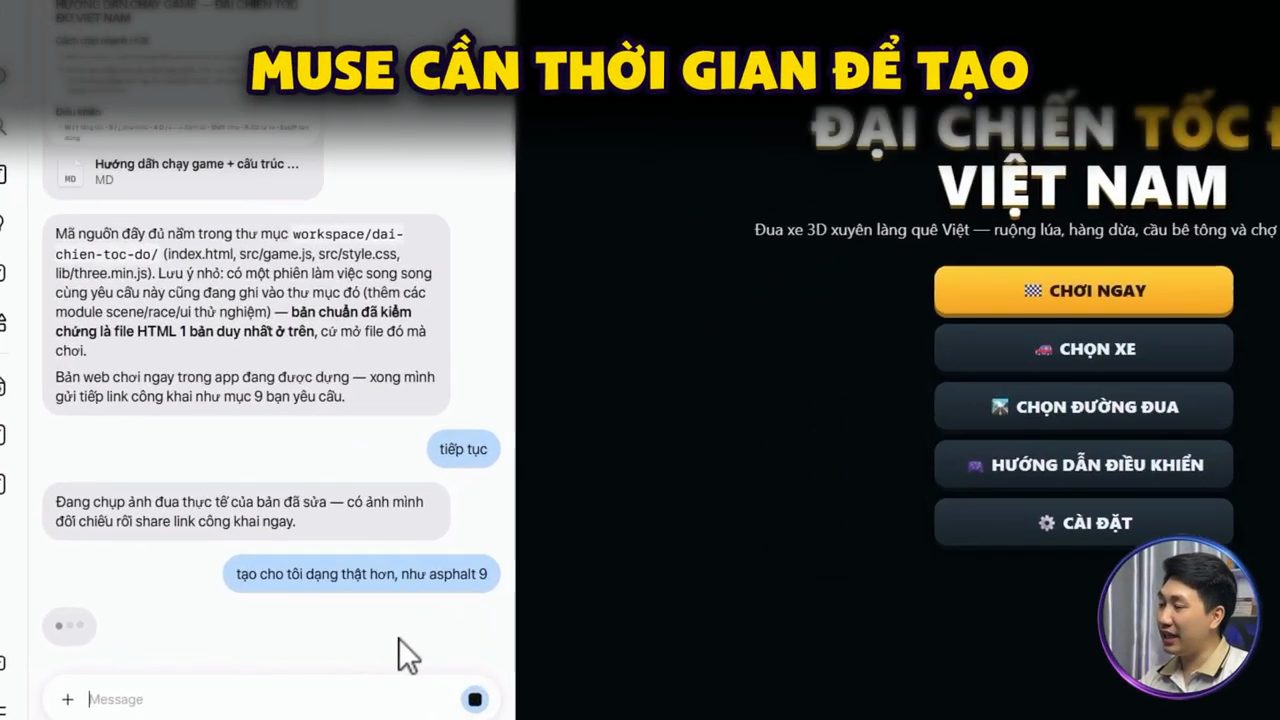 Khung chat Muse với tin nhắn tạo cho tôi dạng thật hơn, như asphalt 9 và biểu tượng đang xử lý