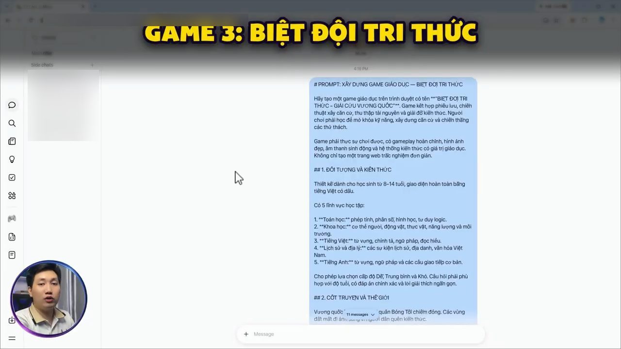 Giao diện chat Muse với prompt xây dựng game giáo dục Biệt Đội Tri Thức