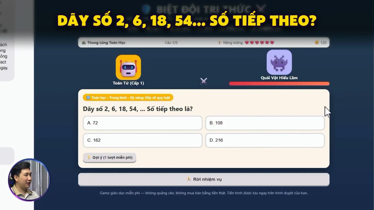 Câu hỏi trong game Biệt Đội Tri Thức: Dãy số 2, 6, 18, 54, ... Số tiếp theo là? với bốn đáp án