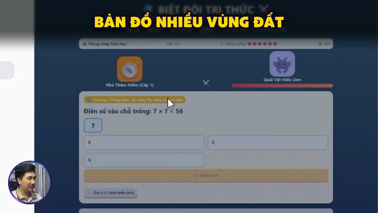 Câu hỏi Điền số vào chỗ trống 7 × ? = 56 với nhân vật Nhà Thám Hiểm cấp 1