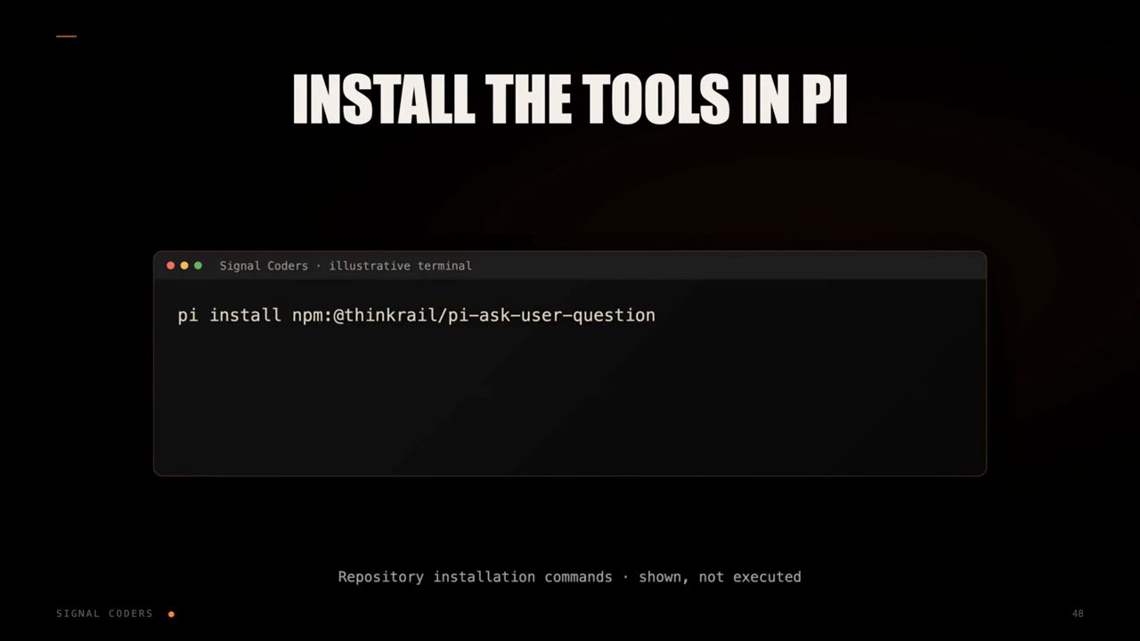 Slide INSTALL THE TOOLS IN PI với terminal minh hoạ hiện lệnh pi install npm:@thinkrail/pi-ask-user-question