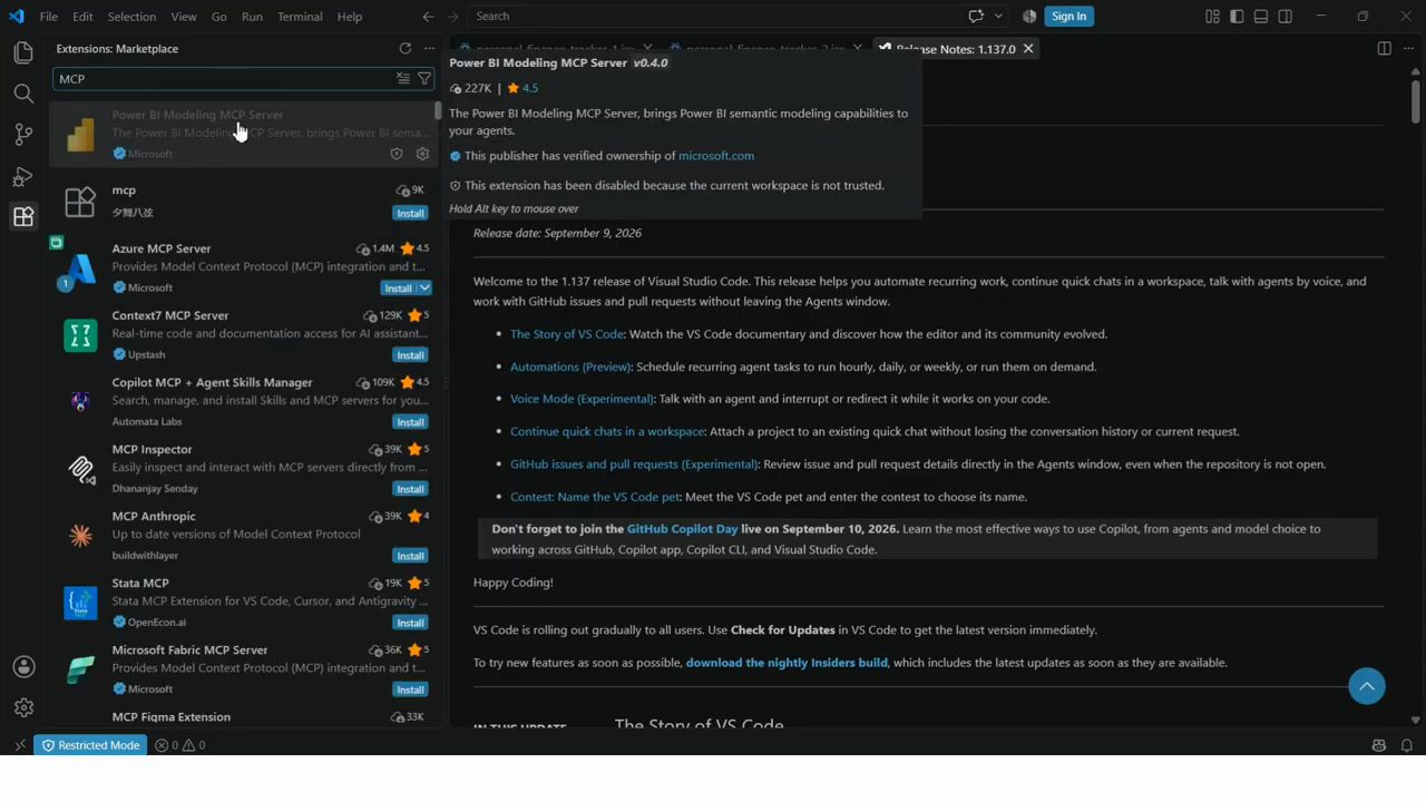 VS Code Extensions Marketplace với kết quả tìm MCP, trên cùng là Power BI Modeling MCP Server của Microsoft