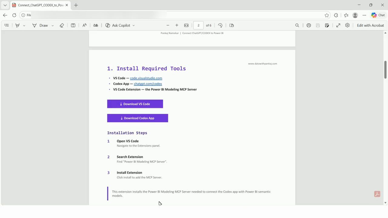 Trang 2 của tài liệu PDF: 1. Install Required Tools, với VS Code, Codex App và extension Power BI Modeling MCP Server