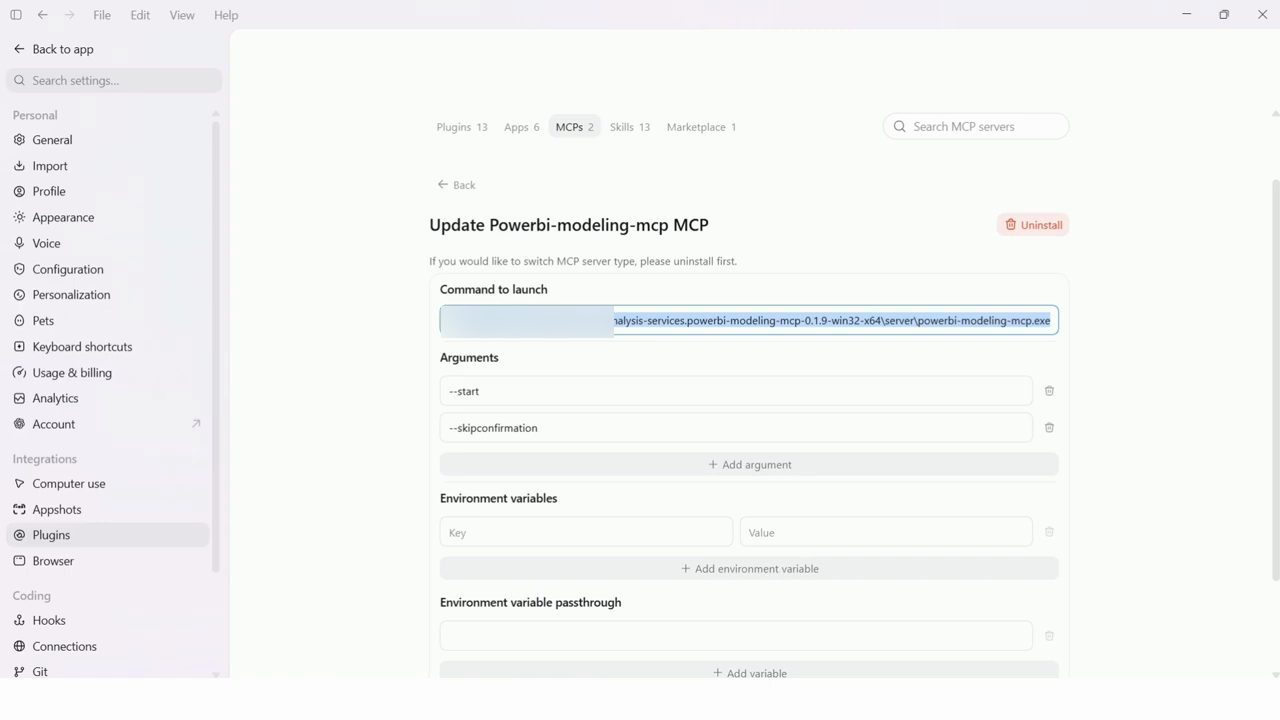 Màn hình Update Powerbi-modeling-mcp MCP trong cài đặt Codex, với Command to launch và hai argument --start, --skipconfirmation