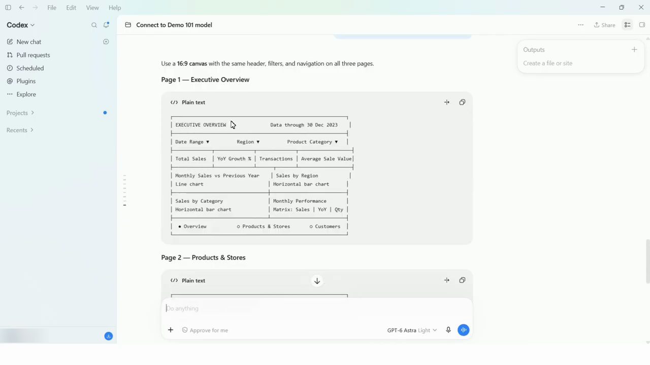 Wireframe dạng plain text cho trang 1 Executive Overview trong Codex