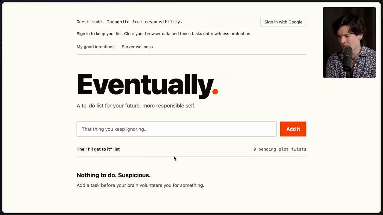 App to-do Eventually bản nền sáng với chữ cam, ô nhập và nút Add it