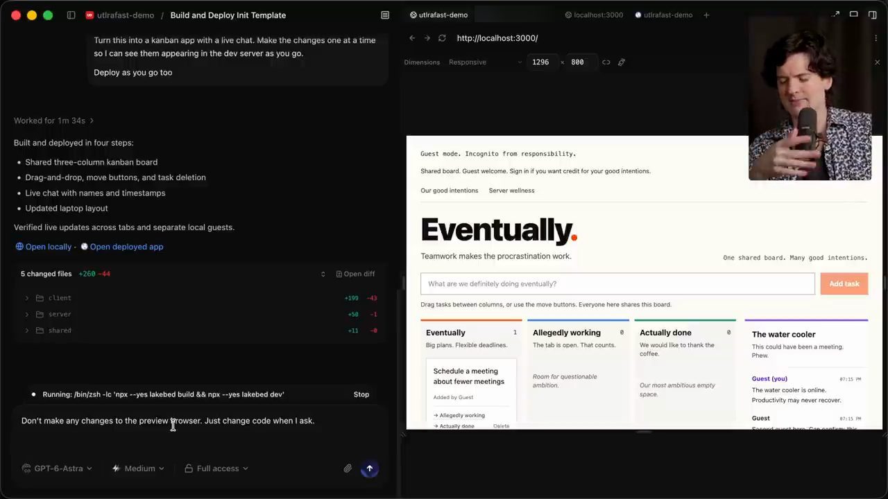 T3 Code bên trái với prompt kanban, trình duyệt trong app bên phải hiện bảng kanban Eventually có cột chat