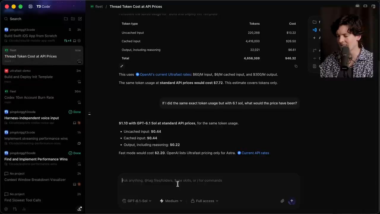 Thread Token Cost at API Prices: tổng 46,32 đô theo giá Ultrafast, 7,72 đô theo giá Standard, 1,10 đô với GPT-6.1 Sol