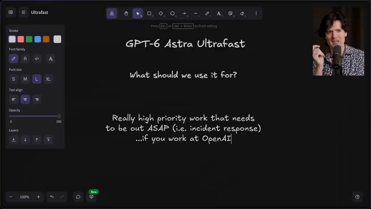 Bảng trắng GPT-6 Astra Ultrafast, What should we use it for, Really high priority work that needs to be out ASAP