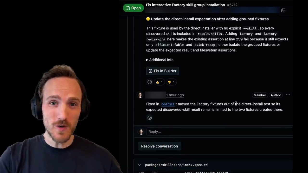 Một PR trên GitHub với comment của review bot và câu trả lời đã sửa