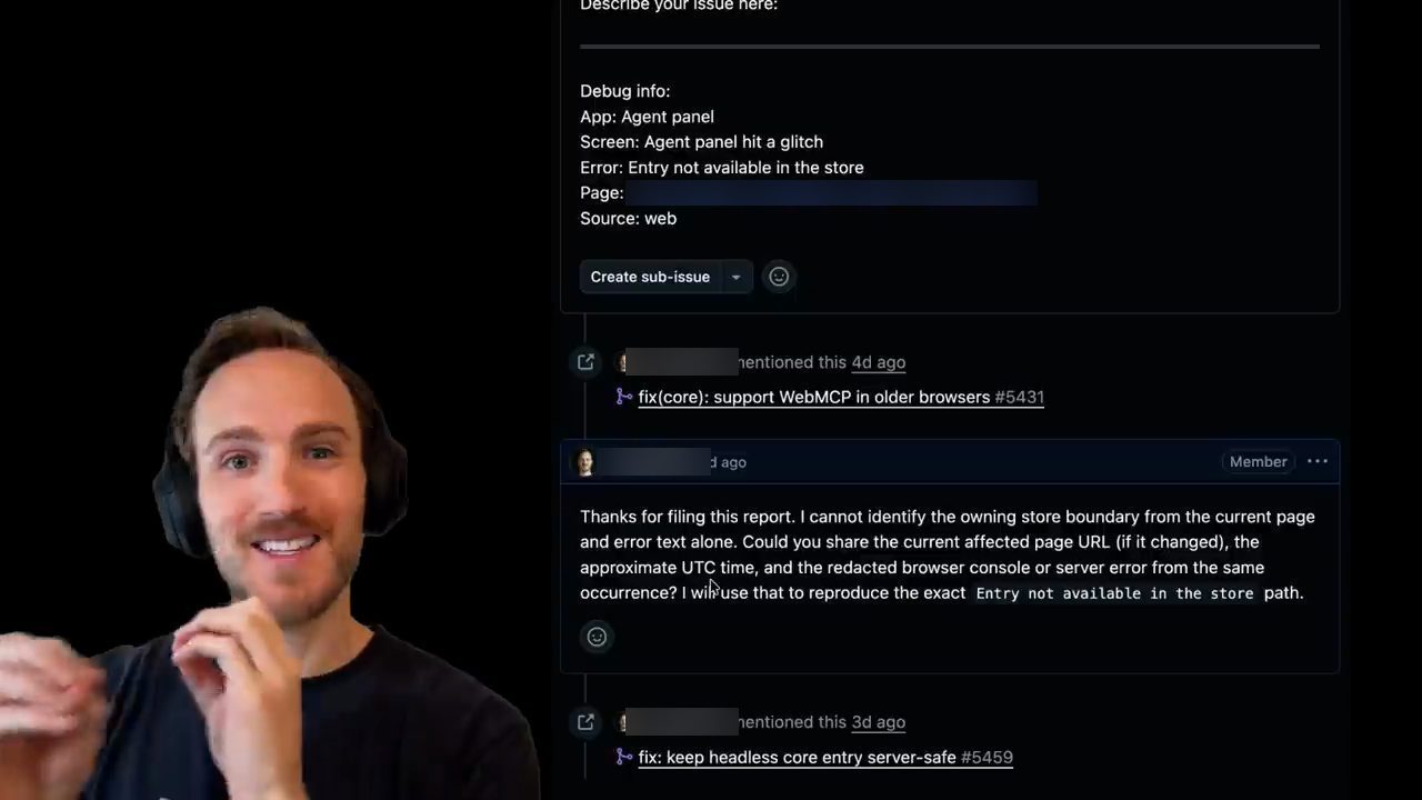 Một GitHub issue có debug info và comment tự động xin thêm thông tin