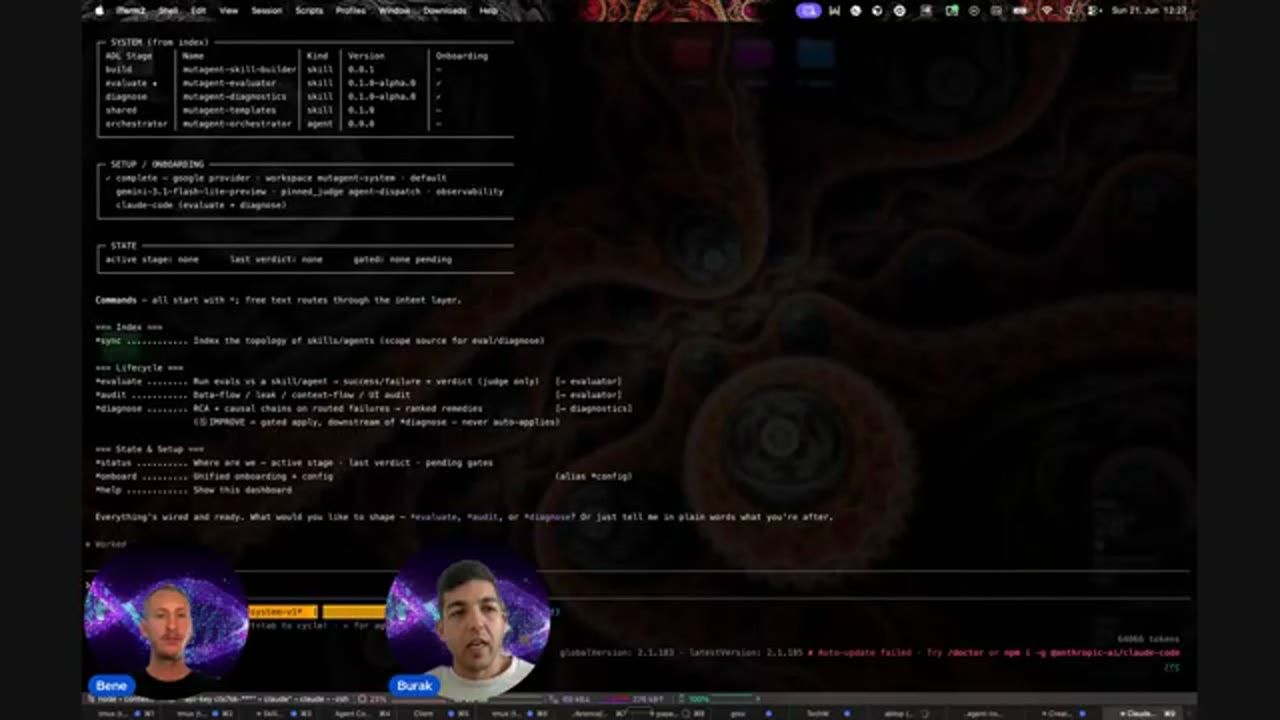 Dashboard của orchestrator trong terminal: bảng skill theo stage, trạng thái onboarding và danh sách lệnh