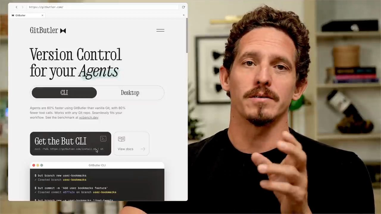 Trang chủ gitbutler.com với tiêu đề Version Control for your Agents và nút Get the But CLI