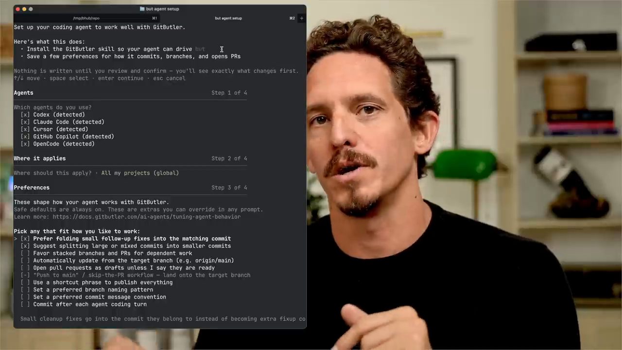 Wizard but agent setup trong terminal với danh sách agent, phạm vi và preferences