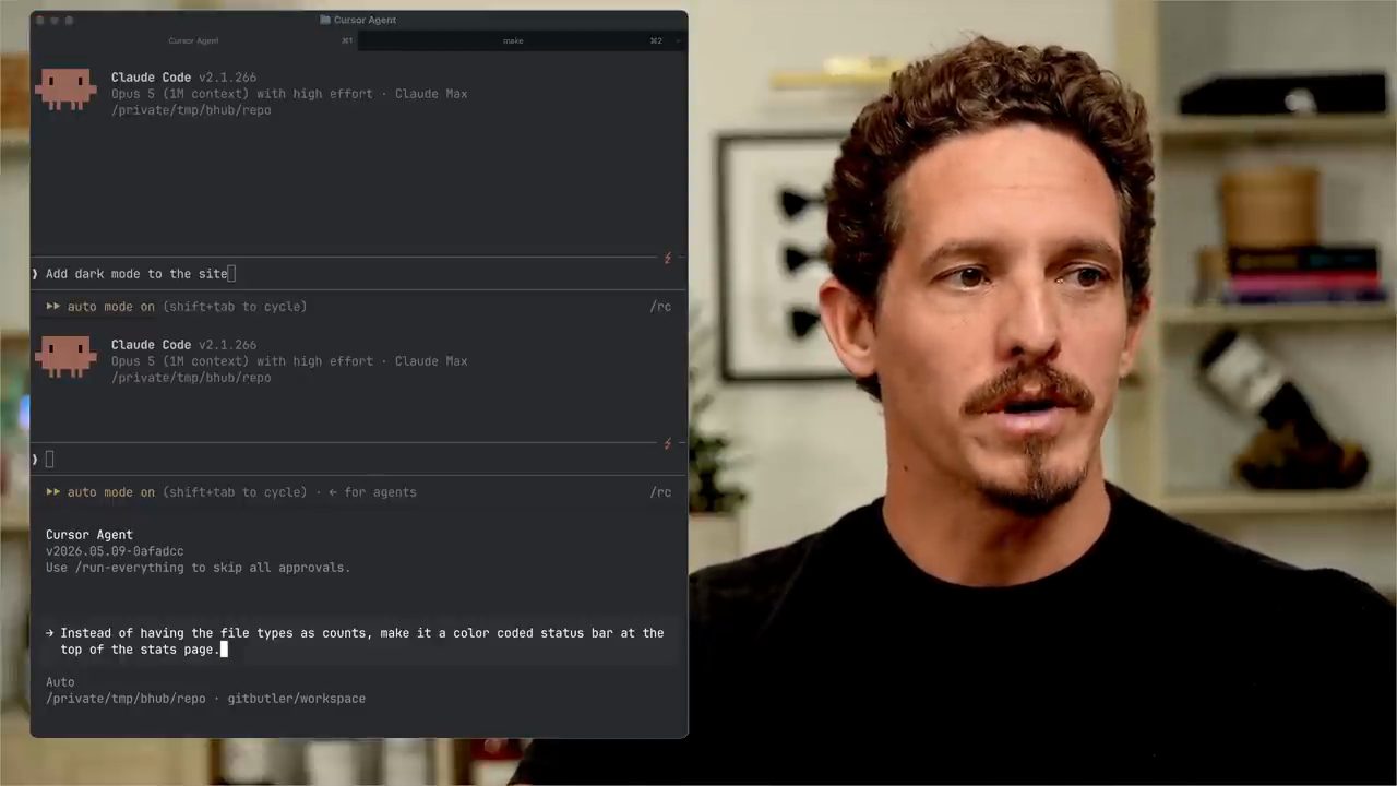 Ba ô terminal xếp chồng: hai phiên Claude Code và một Cursor Agent, cùng thư mục repo