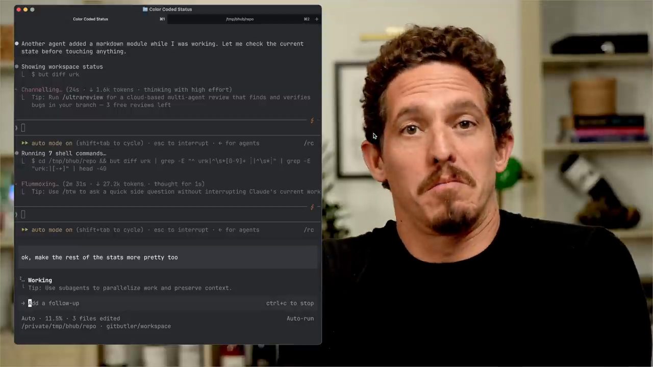 Agent dark mode nhận ra một agent khác vừa thêm module markdown và kiểm workspace bằng but diff