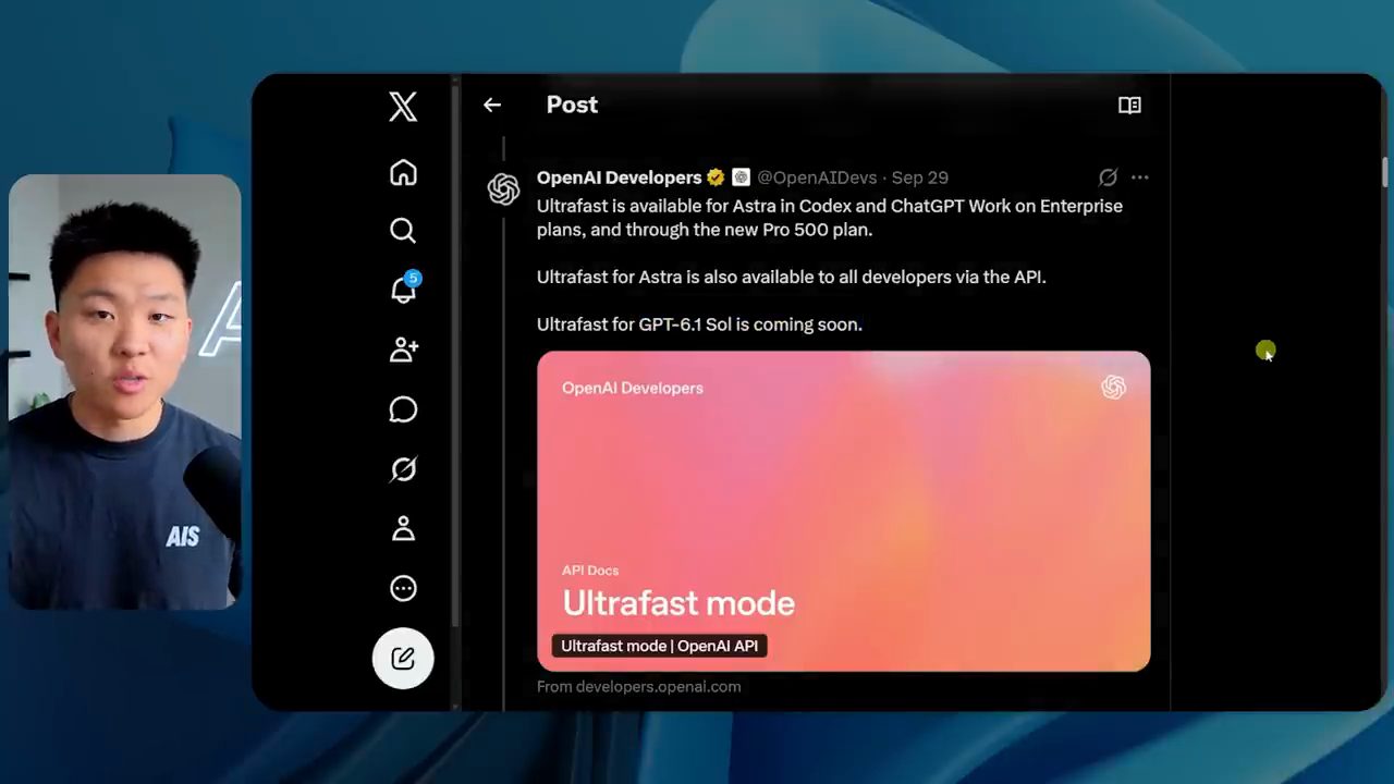 Bài đăng của OpenAI Developers: Ultrafast có cho Astra trong Codex, Pro 500 và API; Ultrafast cho GPT-6.1 Sol sắp có
