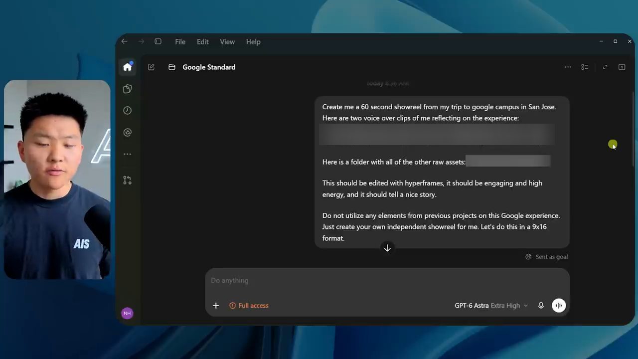 Prompt trong project Google Standard của Codex yêu cầu làm showreel 60 giây