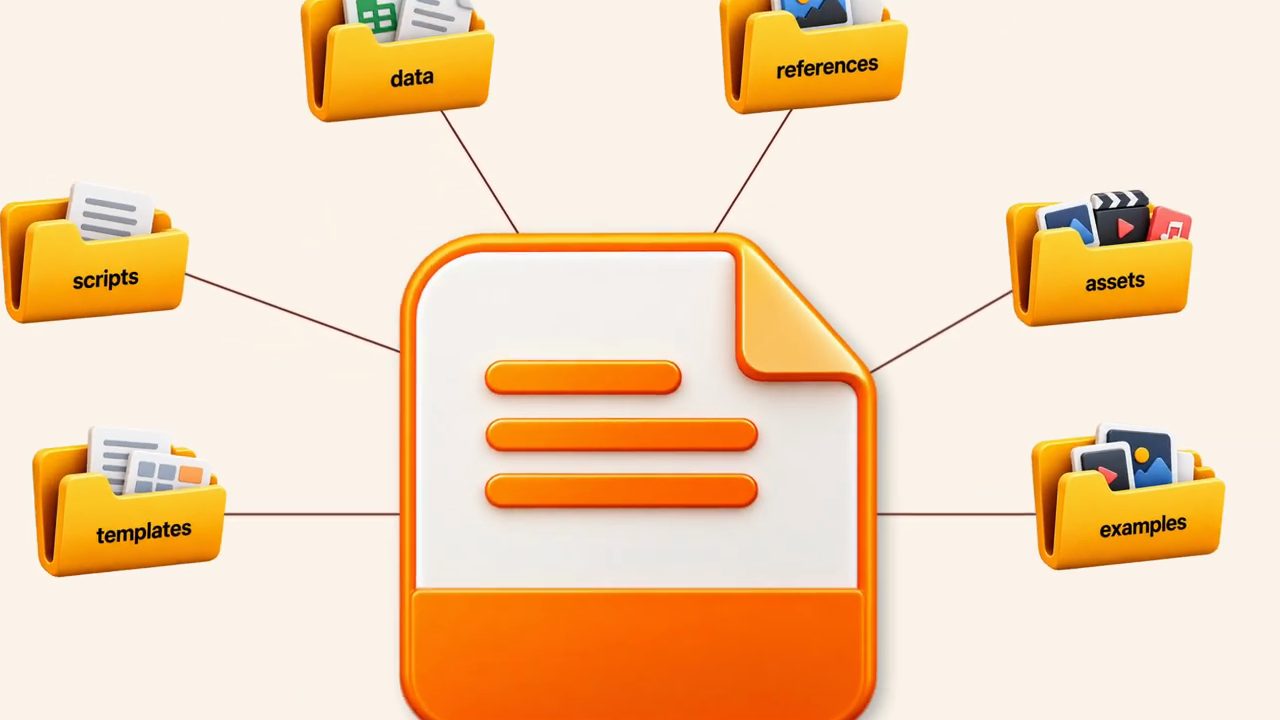 Một file tài liệu màu cam ở giữa, nối tới sáu folder data, references, assets, examples, templates, scripts