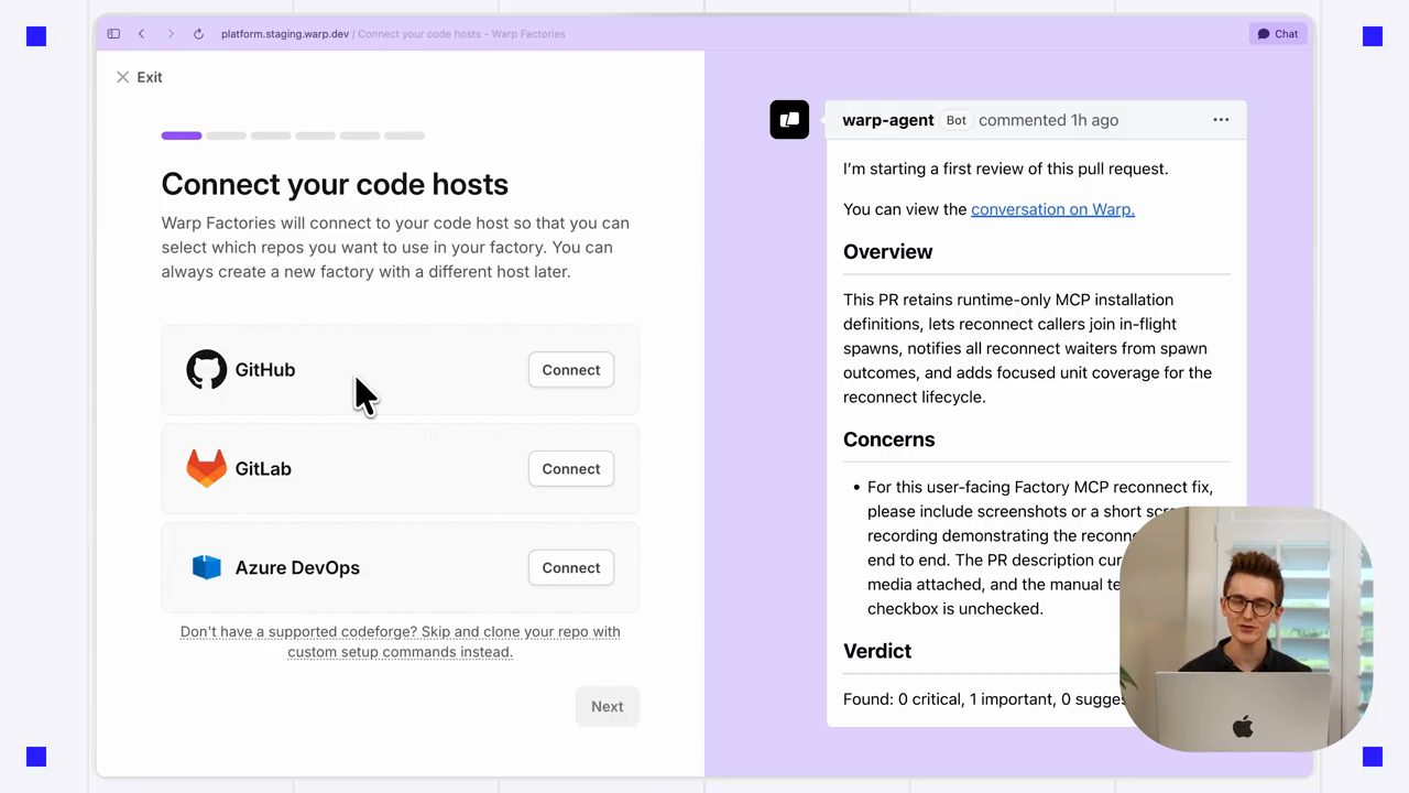Bước Connect your code hosts với GitHub, GitLab, Azure DevOps; bên phải là một comment review PR của warp-agent