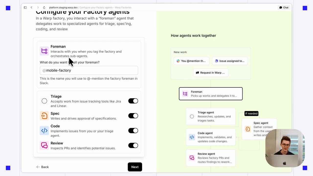 Bước Configure your Factory agents: Foreman, Triage, Spec, Code, Review và sơ đồ How agents work together