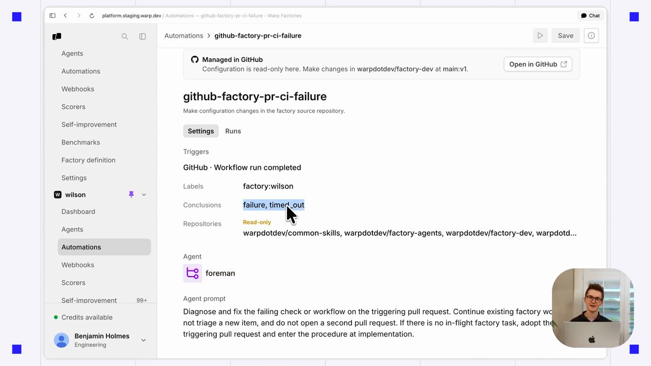 Automation github-factory-pr-ci-failure: trigger GitHub Workflow run completed, label factory:wilson, conclusions failure và timed_out