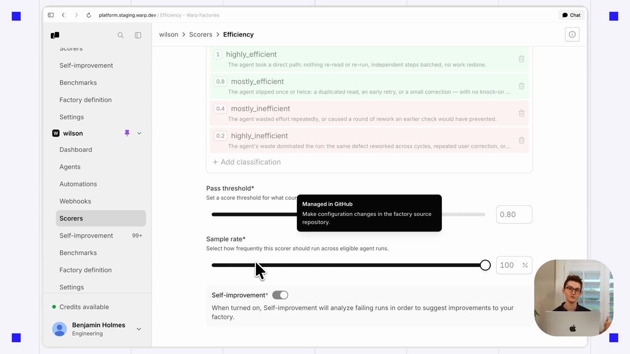 Cấu hình scorer Efficiency: bốn classification, Pass threshold 0.80, Sample rate 100%, công tắc Self-improvement