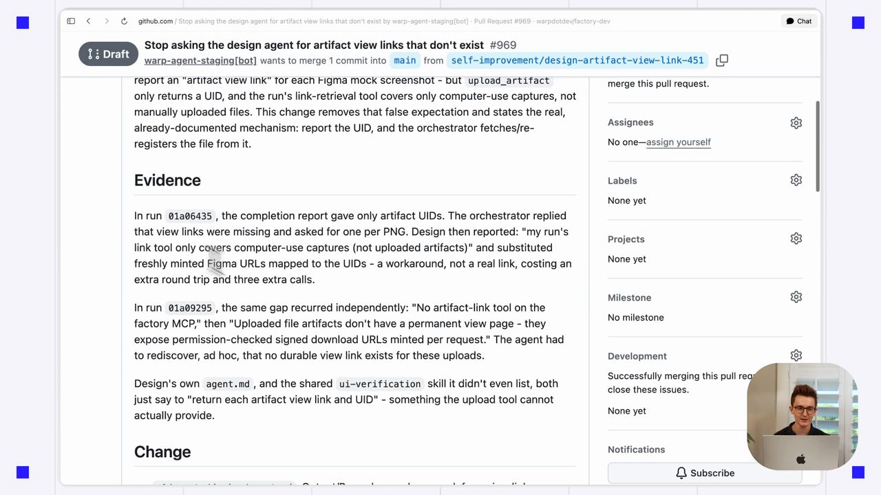 Draft PR #969 Stop asking the design agent for artifact view links that don't exist, mục Evidence