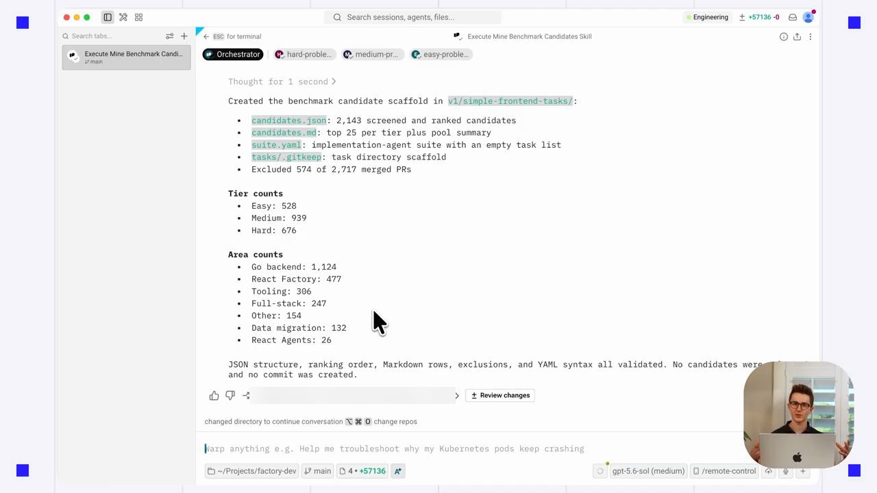 Phiên agent trong Warp tạo benchmark candidate scaffold với Tier counts và Area counts