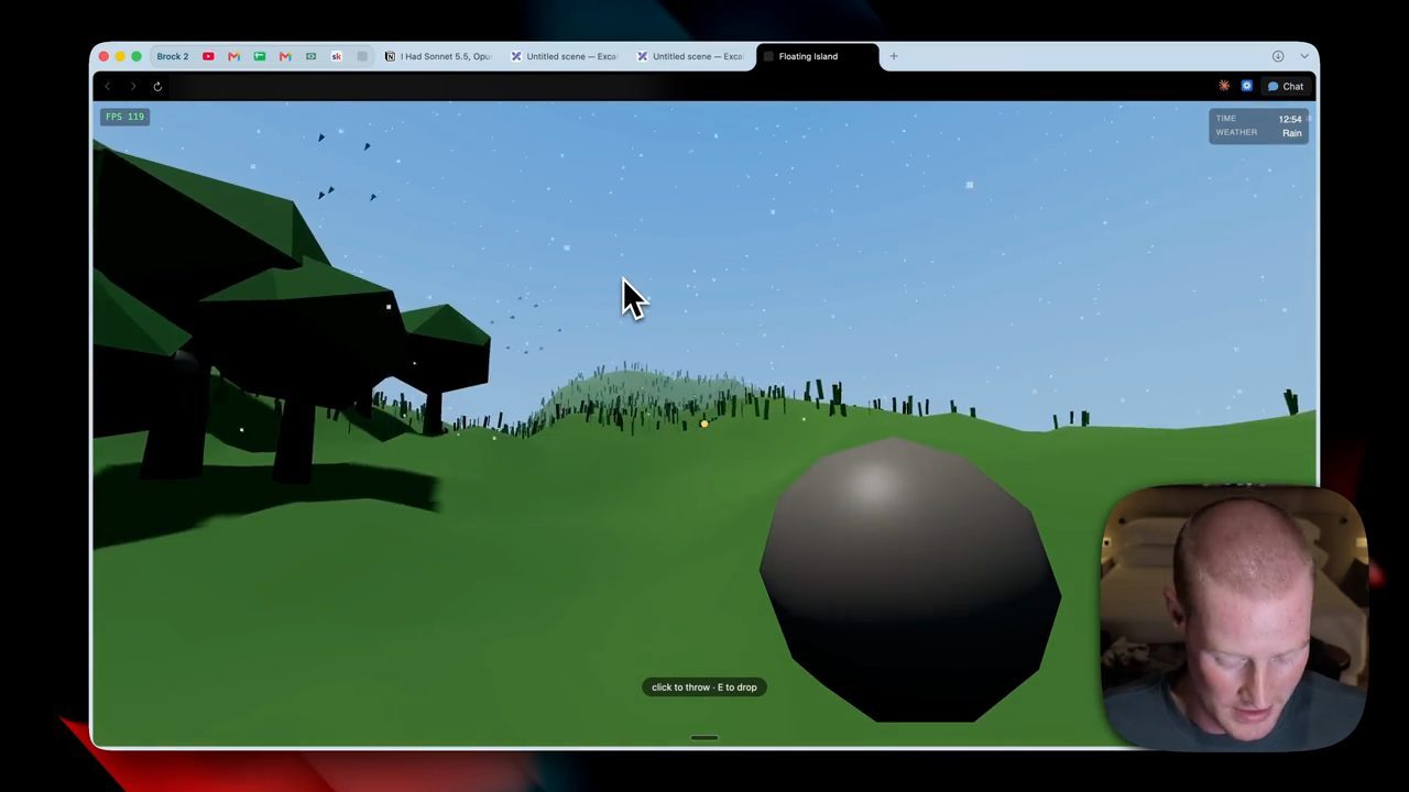 Game của Sonnet 5: đồi cỏ, cây low-poly, một hòn đá xám đang được cầm và tuyết rơi trên nền trời xanh