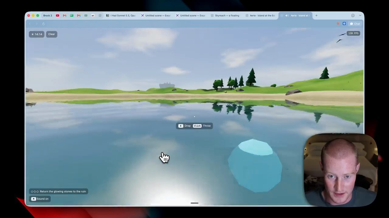Game của Opus 5.5: nhân vật đứng trong hồ nước phản chiếu cây và bầu trời, tay cầm viên đá phát sáng màu xanh