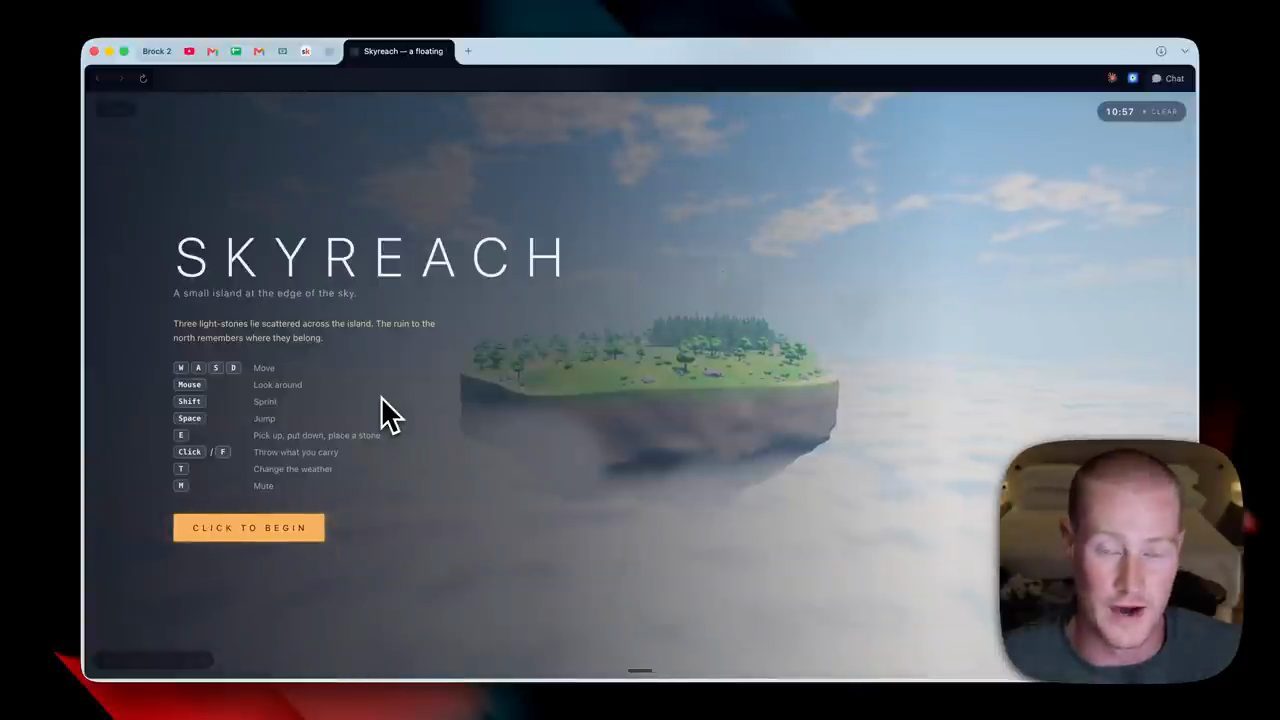 Màn hình mở đầu game SKYREACH của Sonnet 5.5, nút CLICK TO BEGIN màu cam và hòn đảo bay trên mây