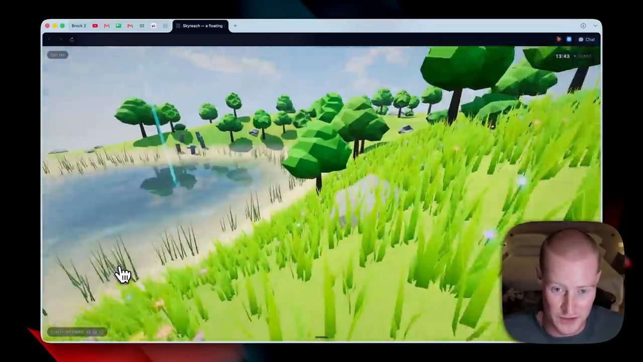 Game của Sonnet 5.5: hồ nước có cỏ lau ven bờ, cây low-poly và một vệt sáng xanh phía xa