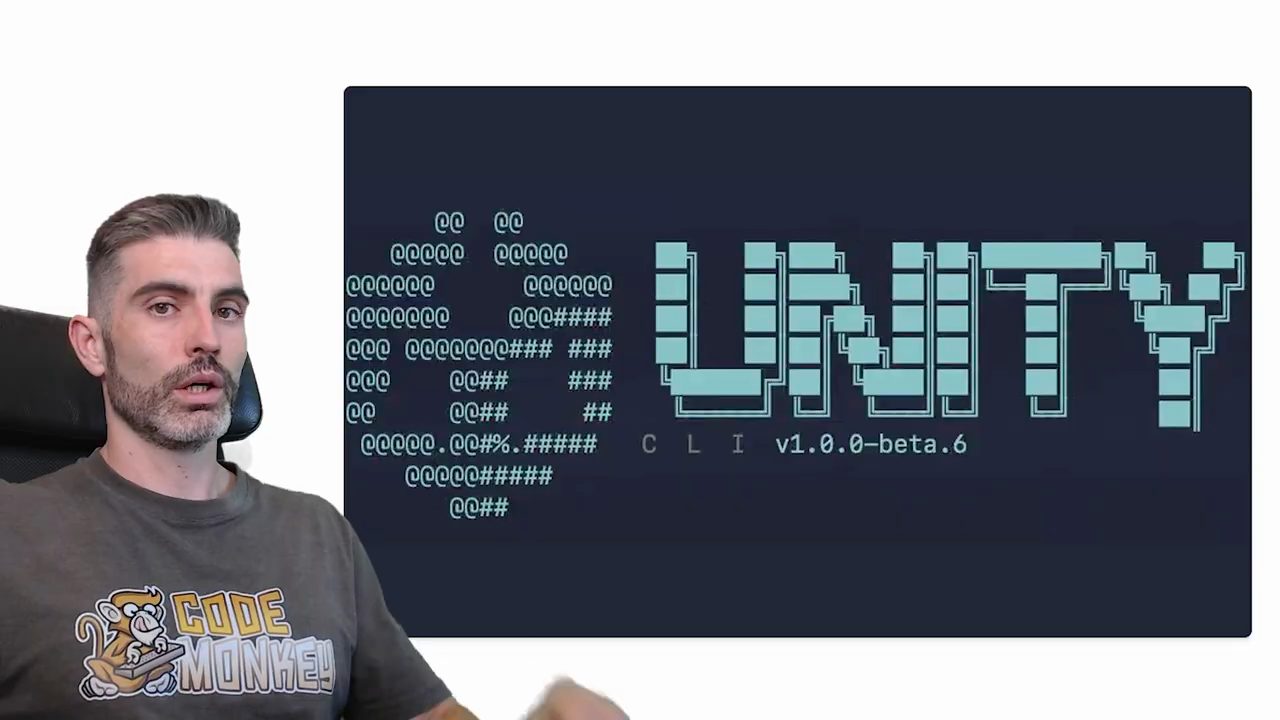 Hugo Cardoso nói trước camera, phía sau là logo chữ UNITY dạng ASCII của Unity CLI v1.0.0-beta.6
