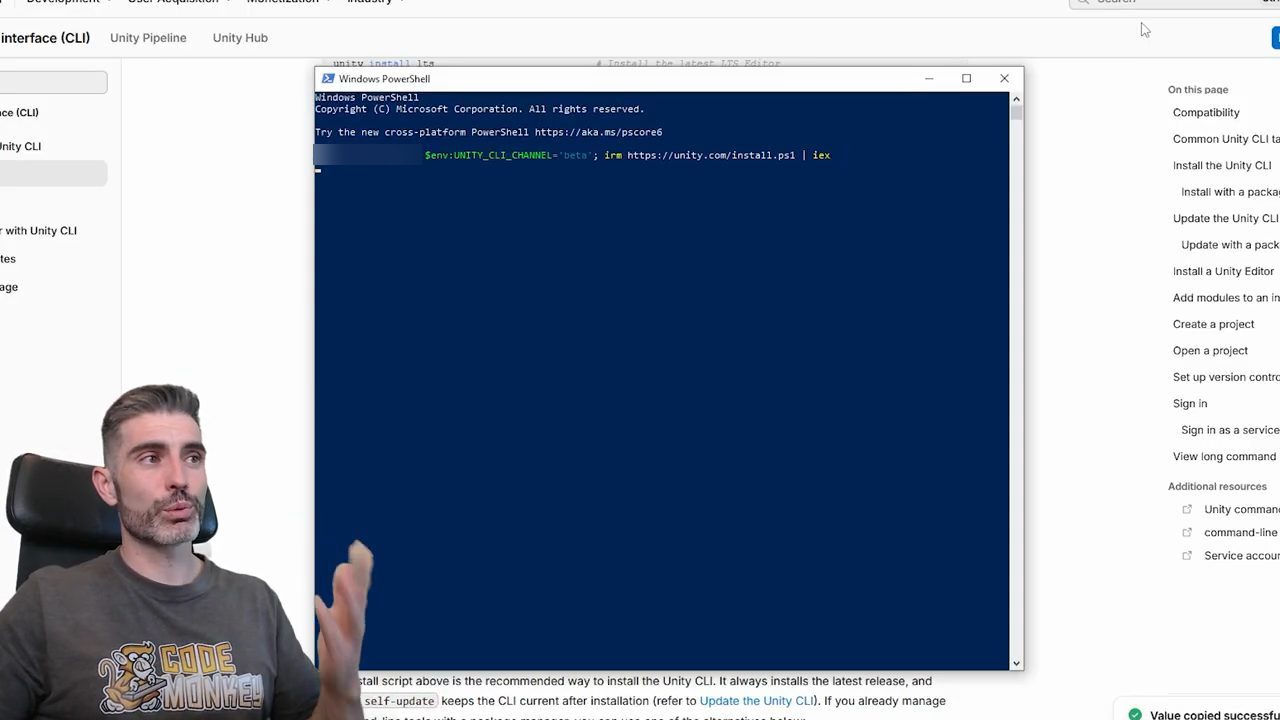 Cửa sổ Windows PowerShell đang chạy lệnh cài Unity CLI, phía sau là trang docs Unity CLI
