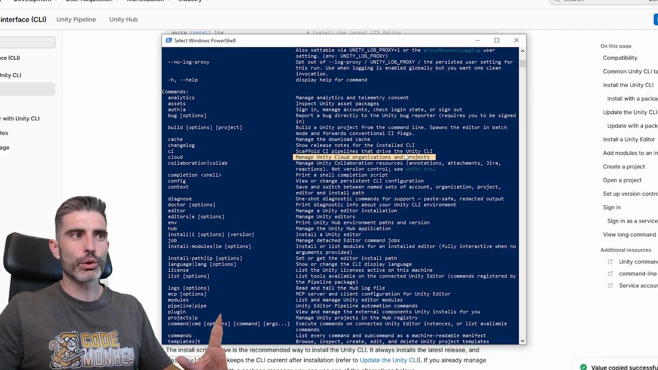 PowerShell hiển thị danh sách Commands của Unity CLI như analytics, assets, auth, build, cloud, editor, hub, pipeline