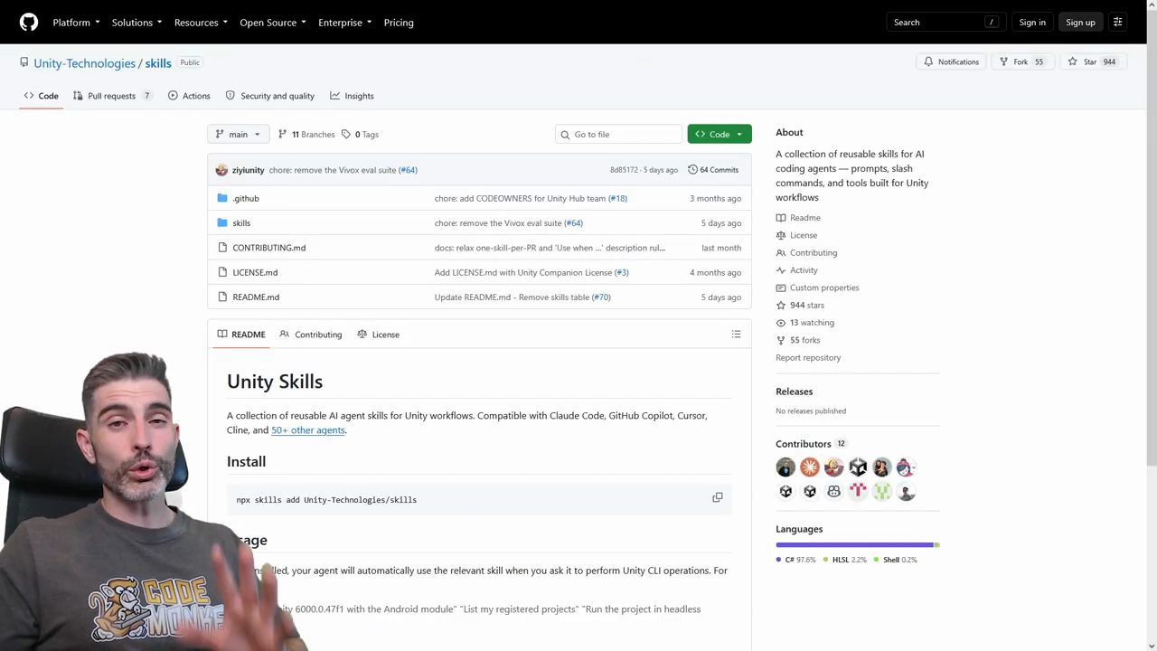 Trang GitHub Unity-Technologies/skills với README Unity Skills và lệnh cài npx skills add