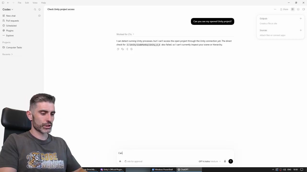 Codex trả lời câu hỏi Can you see my opened Unity project? rằng chưa truy cập được project qua kết nối Unity