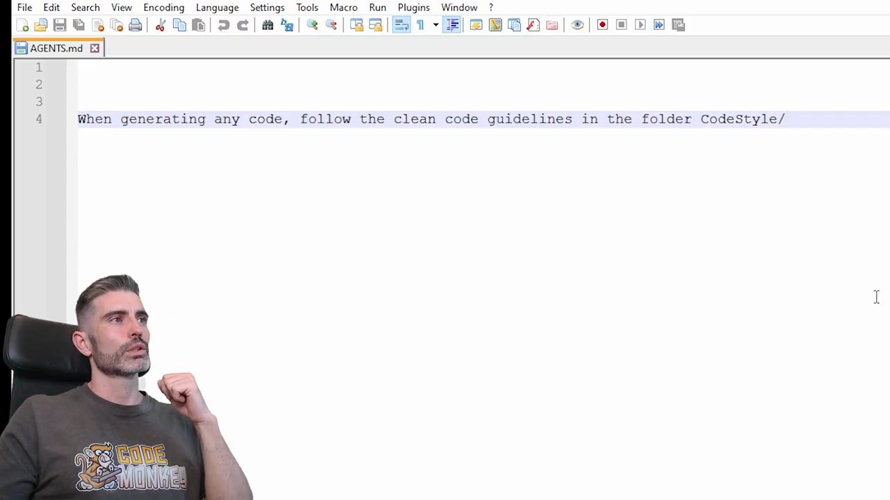 File AGENTS.md mở trong một trình soạn thảo, dòng 4 ghi When generating any code, follow the clean code guidelines in the folder CodeStyle/