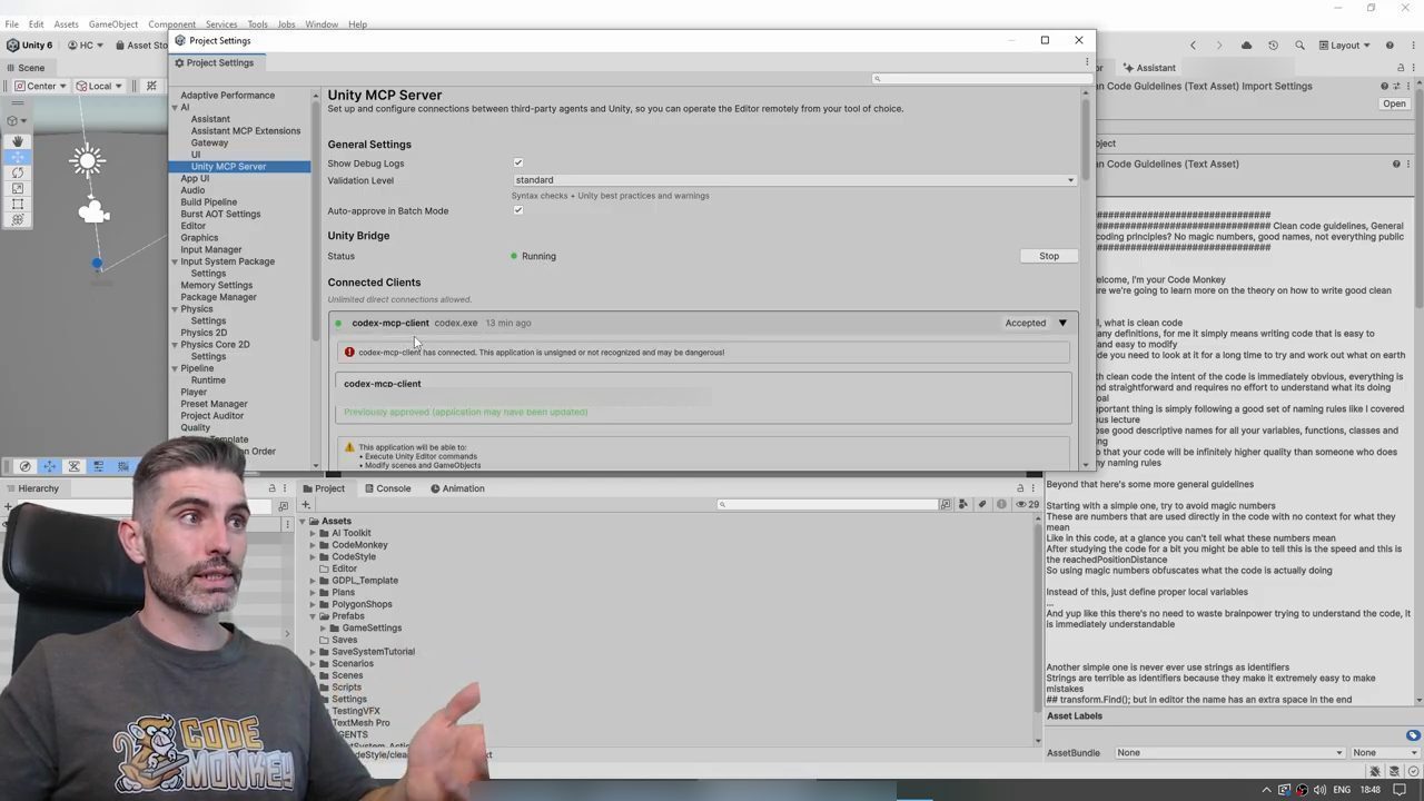 Cửa sổ Project Settings của Unity, mục AI > Unity MCP Server, Unity Bridge đang Running và codex-mcp-client trong Connected Clients