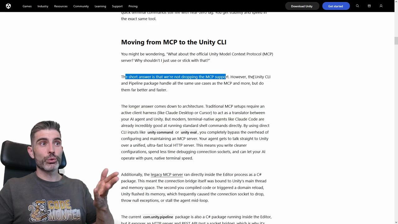 Đoạn Moving from MCP to the Unity CLI trong bài blog của Unity, câu The short answer is that we're not dropping the MCP support được bôi xanh