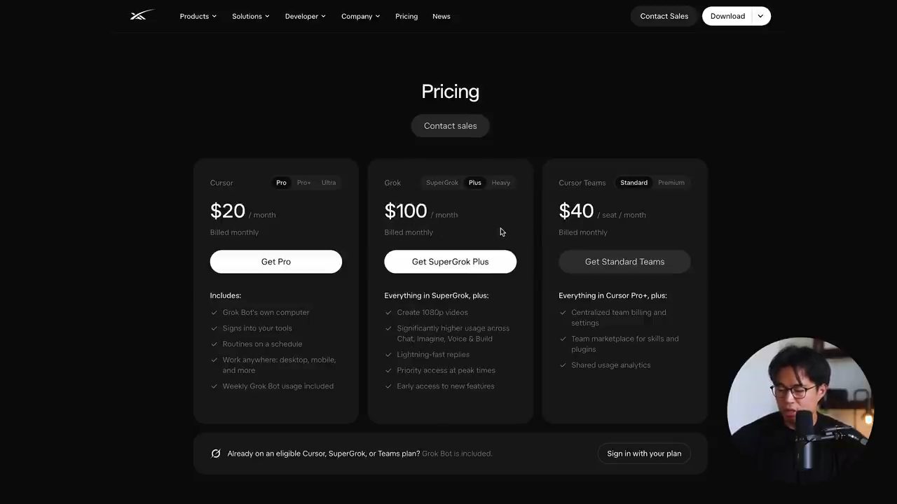Trang Pricing của Grok Bot với ba cột Cursor, Grok và Cursor Teams