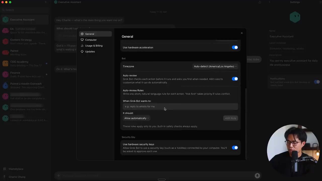 Cửa sổ Settings của Grok Bot, tab General