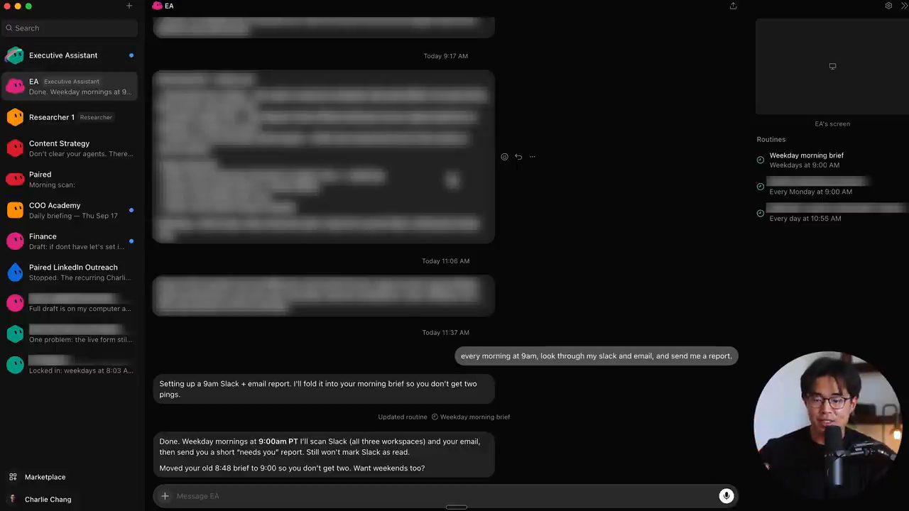 Bot EA tạo routine báo cáo Slack và email lúc 9 giờ sáng