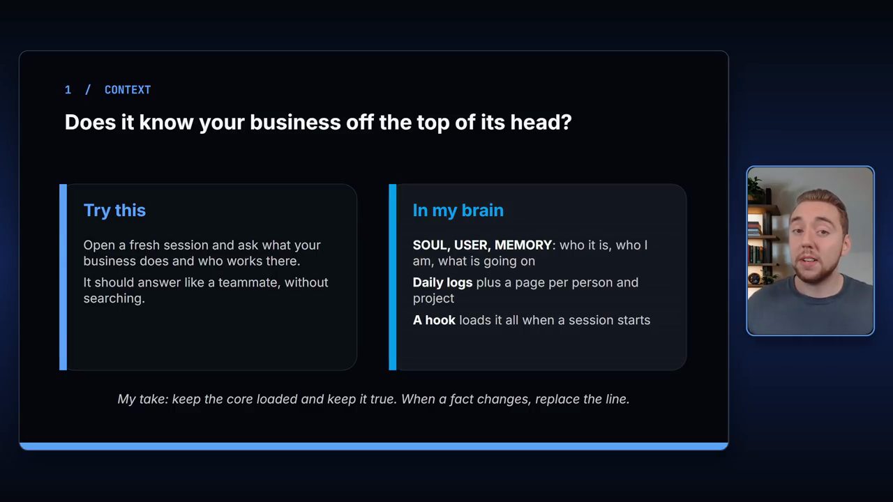 Slide 1 / Context: Does it know your business off the top of its head? với hai ô Try this và In my brain