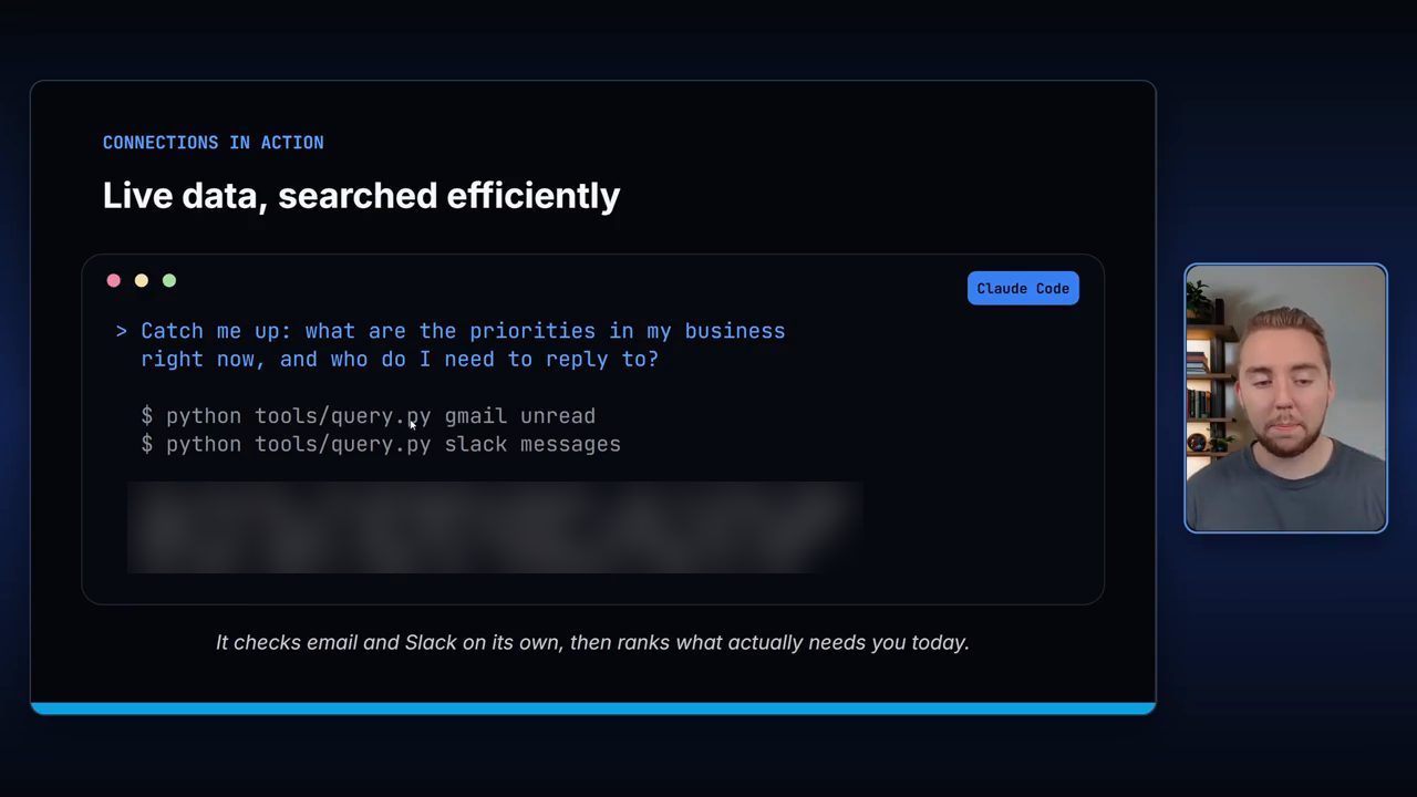 Slide Connections in action: Live data, searched efficiently, với một khung Claude Code
