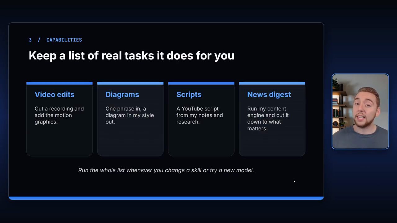 Slide 3 / Capabilities: Keep a list of real tasks it does for you, bốn ô Video edits, Diagrams, Scripts, News digest